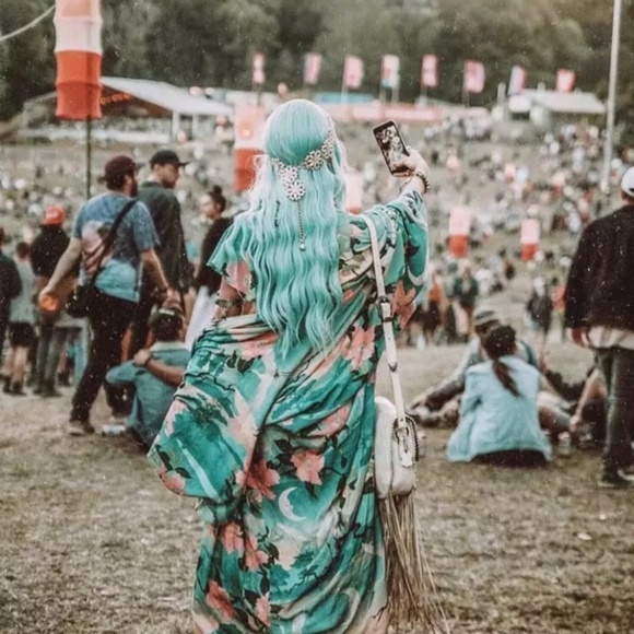 Turquoise Bohemian Crane Floral Kimono Robe - Picture 8 of 12